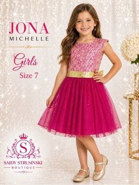 Jona Michelle Girls Pink & Gold Party Dress with
Tulle Skirt - Size 7